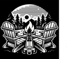 Sticker - campfire engraving black and white outline bonfire clipart drawing vector