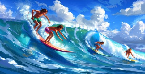 Sticker - three surfers riding a wave