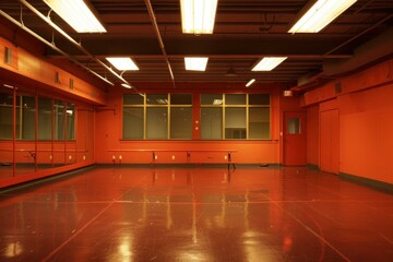 Poster - Wideangle view of an empty dance studio with bright lighting and red walls