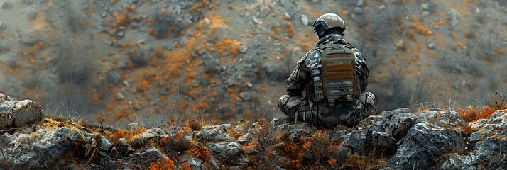 Wall Mural - hunter camouflaged against a rocky outcrop waiting patiently for prey to pass by photographed with drone technology for a unique perspective