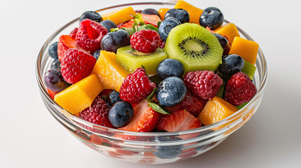 Wall Mural - Fresh tropical fruit salad in a bowl on a white background