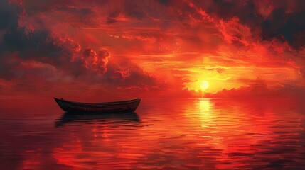 Sticker - Serene sunset seascape with lonely boat