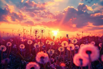 Poster - Tranquil sunset casting warm hues over a picturesque field of dandelions