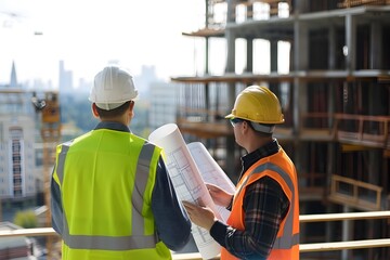 Construction Site Engineering Discussing Blueprints for Sleek Urban Development Project