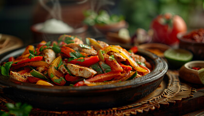 Wall Mural - Close-up of delicious chicken fajitas with colorful bell peppers and onions served on a hot cast iron skillet, capturing the essence of national fajita day celebrations