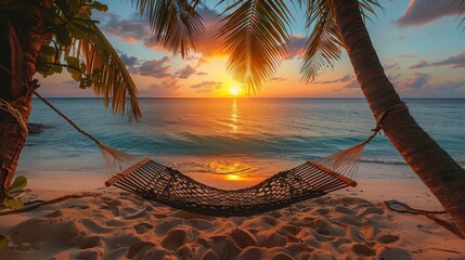 Wall Mural - Serene sunset view with hammock on tropical beach