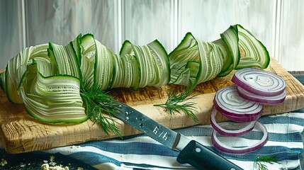 Wall Mural -   A wooden cutting board adorned with vegetable slices beside a knife and cutting board