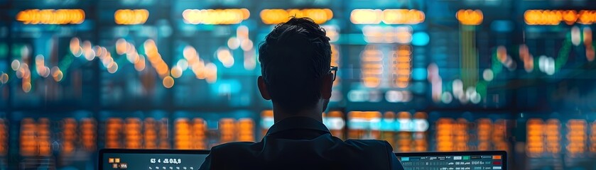 Poster - Financial analyst reviewing live market data on large monitor in modern urban environment with city lights bokeh backdrop financial planning and