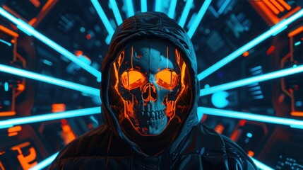 Wall Mural - Cyberpunk man human skull character in helmet and black jacket at glowing neon stripes background