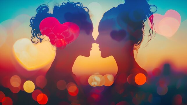 LGBTQ couple embracing close up, focus on, copy space bright tones, Double exposure silhouette with love hearts