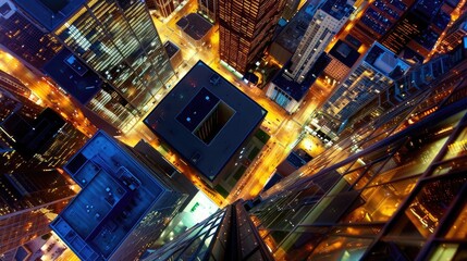 Wall Mural - Aerial view of a brightly lit urban cityscape at night, showcasing tall illuminated buildings and streets with glowing lights in various colors.