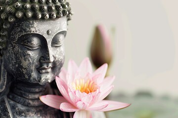 Poster - Buddha statue in meditation with lotus flower on light neutral background. Selective focus. Meditation, spiritual health, peace, searching zen concept