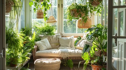 Sticker - Bright and serene sunroom with lush hanging plants and cozy seating area