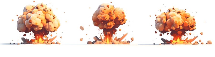 set of three different nuclear explosions on a white background, 3D rendered illustration in the style of a cartoon, vector graphics, high resolution, highly realistic, high detail, high quality, 