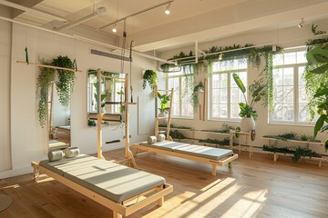 Wall Mural - Bright and spacious Pilates studio with reformers and greenery