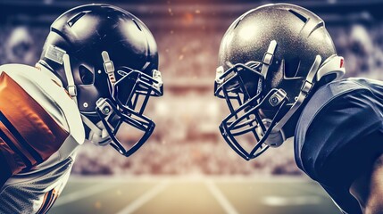 Two opposing football helmets about to clash, symbolizing competition and confrontation in sports