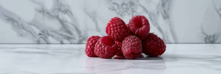 Experience the luscious appeal of six piles of ripe raspberries on a white background, a mouthwatering display of fresh fruit and vibrant color, enhanced by AI generative precision.