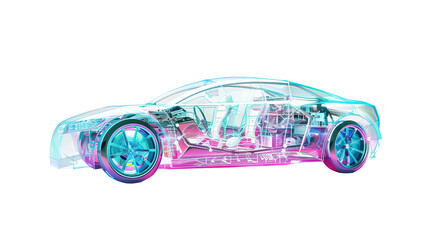 Translucent Robot Cars: Cars with transparent robot structures in a futuristic manner. Makes the interior of the car clearly visible. white background