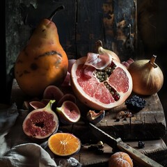 still life of fruit and meat on an old wooden table, pear in the foreground, grapefruit cut open with oranges, figs, black truffle, ham, dramatic lighting, 