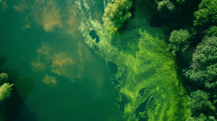 Green algae in the lake, aerial view. Landscapes photography.