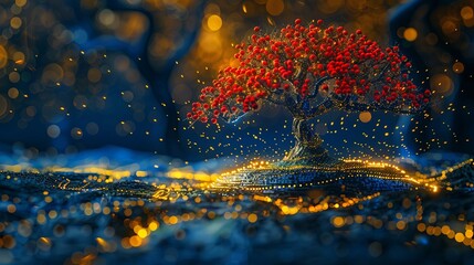 Wall Mural - Golden tree full of red fruits emerging from a digital coin, symbolizing financial growth, futuristic 3D illustration, intricate details