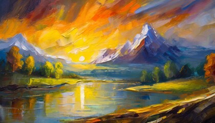 Wall Mural - sunset in the mountains of lake, watercolor 