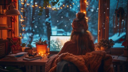 Wall Mural - Home Office in Winter: Illustrate a cozy home office setup with a person working from home, warm lighting, and winter scenery outside the window, emphasizing productivity and comfort.