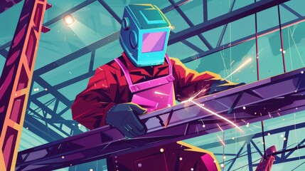 Wall Mural - A 2D flat style welder character wearing protective gear, including a welding mask and gloves, working on a metal structure. The background features industrial elements like beams and sparks from
