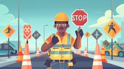 Wall Mural - A 2D flat style road worker character depicted in a high-visibility vest and hard hat, holding a stop sign. The background includes elements like traffic cones and roadwork signs, emphasizing the