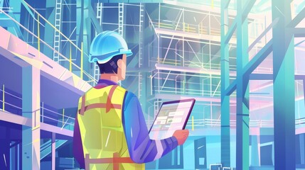 A 2D flat style civil engineer character wearing a hard hat and safety vest, holding a tablet and examining a construction site. The background features structural elements like beams and