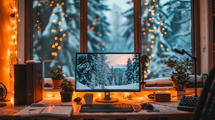 Wall Mural - Home Office in Winter: Illustrate a cozy home office setup with a person working from home, warm lighting, and winter scenery outside the window, emphasizing productivity and comfort.