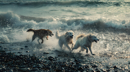 Wall Mural - Dogs running on shore