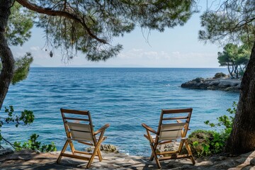 Poster - Two wooden deck chairs facing the serene blue sea under the shade of pines