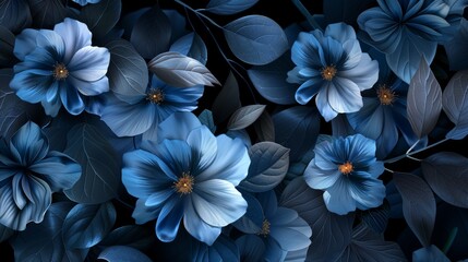 artistic depiction of dark blue flowers and leaves on a black background