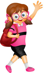 Canvas Print - Cute Student Girl Character Going to School in Bye Hand Gesture, Png Vector.