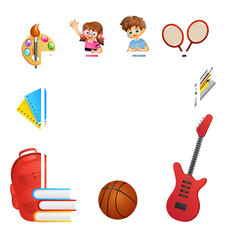 Sticker - Cute boy and girl character with guitar instrument, stationery and sports elements decorated on blue background with space for your message.