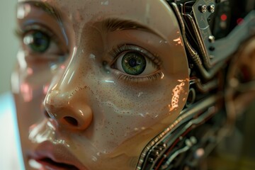 Poster - Closeup of a hyperrealistic female android face with exposed mechanics