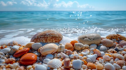 Wall Mural - Seashells and pebbles on sandy beach shoreline