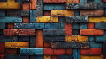 Wall Mural - A colorful wall made of wooden blocks