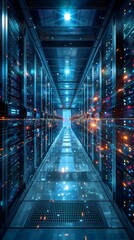 Poster - high tech server room with dynamic digital data flow representing online transactions and e commerce