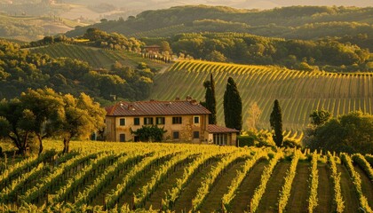 Wall Mural - A quaint farmstead nestled amidst rolling hills, surrounded by neat rows of vineyards. The tranquility of the countryside captured in every detail.