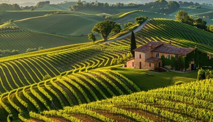 Wall Mural - A quaint farmstead nestled amidst rolling hills, surrounded by neat rows of vineyards. The tranquility of the countryside captured in every detail.