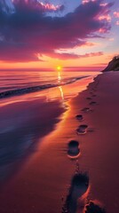 Wall Mural - Serene beach sunset with footprints in the sand