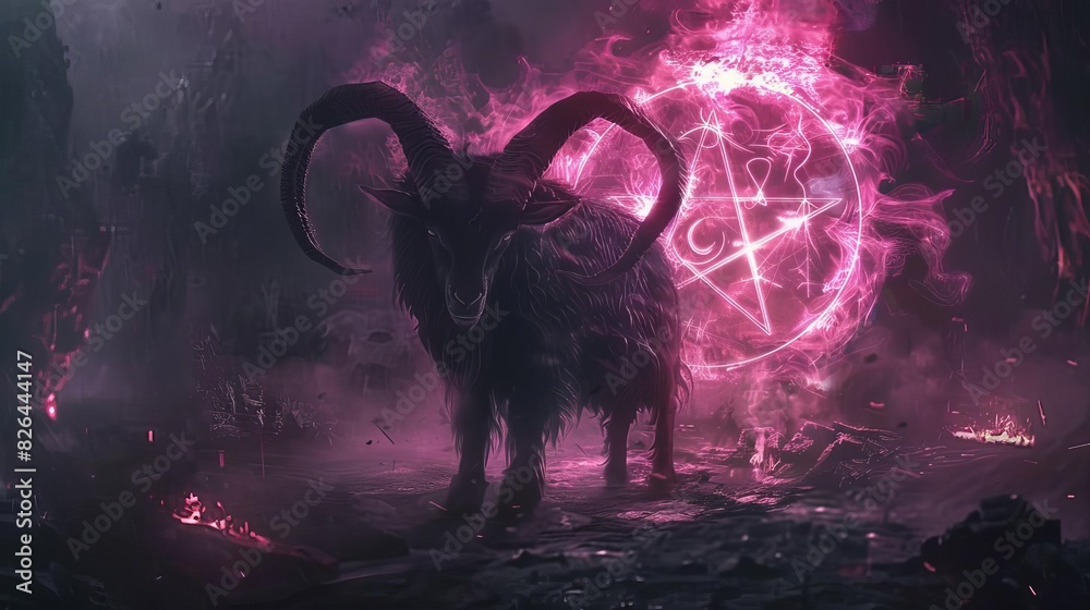 dark occult ritual summoning a demonic goat with glowing pentagram ...