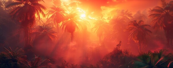 Sticker - Tropical sunset glow among palm trees