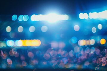 Poster - Vibrant and colorful abstract bokeh lights background with blurred. Defocused. And bright blue illumination. Creating a festive and magical backdrop with shimmering circles and a modern. Elegant