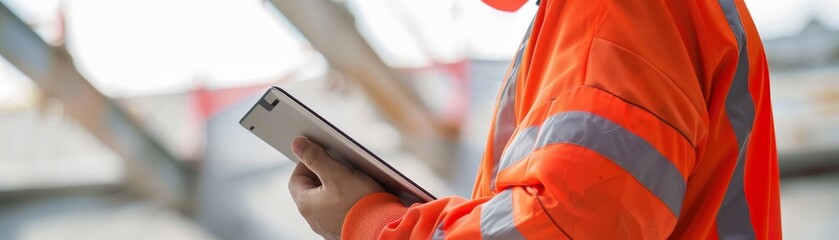 Engineer using a digital tablet at a construction site, modern technology, isolated on white background, professional, copy space, high resolution, industrial setting