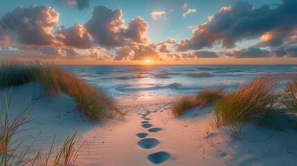 Wall Mural - Serene beach sunset with footprints in sand