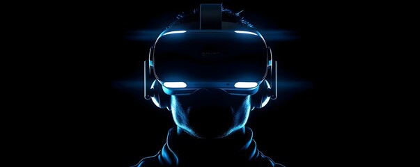 Poster - Glowing Virtual Reality Headset in Futuristic Dark Technology Concept with Copy Space