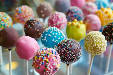 Sticker - Vibrant display of various decorated cake pops with sprinkles and icing